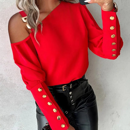 Fashion Lantern Sleeve Button Splicing Shirt Women Elegant Office Commuter O Neck Blouse Female Autumn Spring Daily Casual Tops