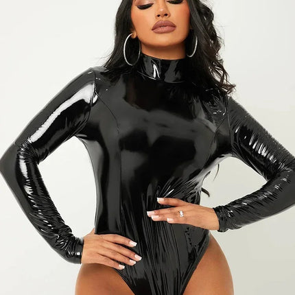 Women's Faux Latex Long-Sleeve Bodysuit