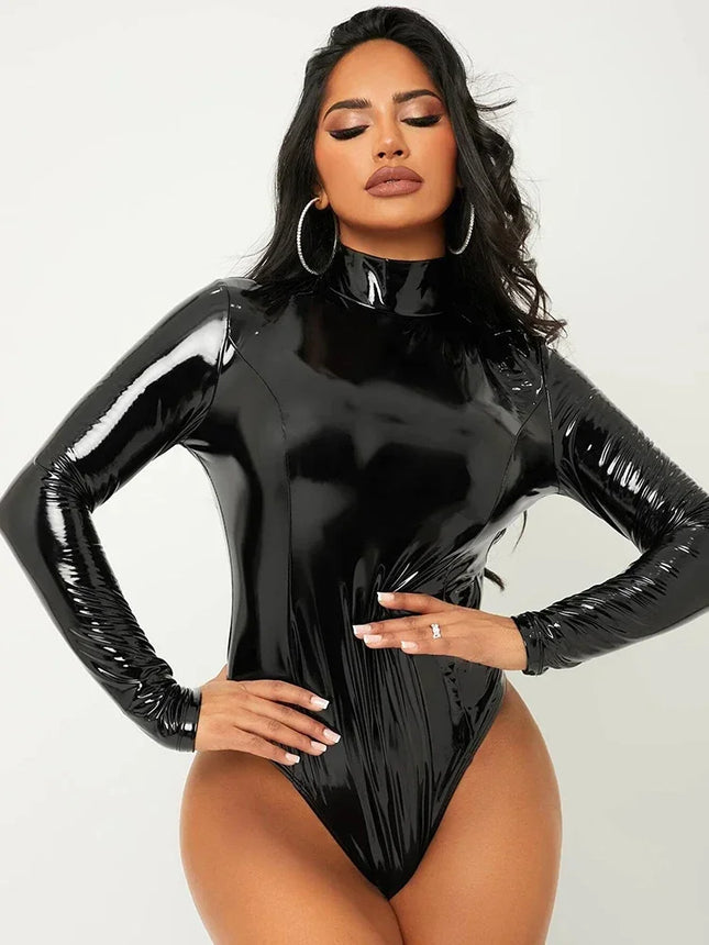 Women's Faux Latex Long-Sleeve Bodysuit
