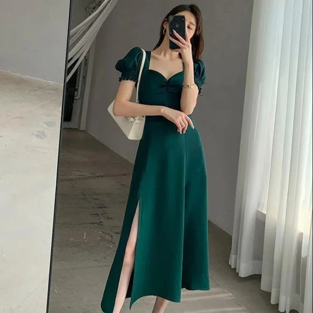 V-Neck Puff Sleeve A-Line Maxi Dress