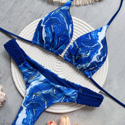 Printed Halter Mini Thong Bikini Set