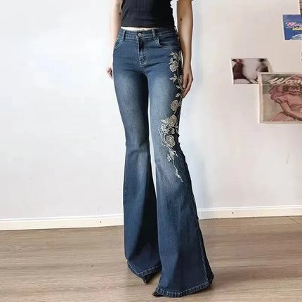Retro Floral Embroidered Flare Jeans