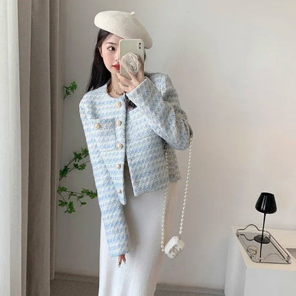 Women's Blue Plaid Tweed Jacket