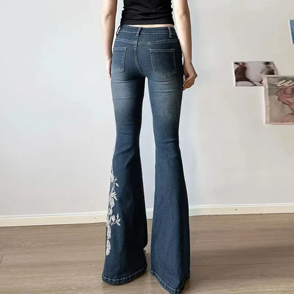Retro Floral Embroidered Flare Jeans