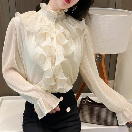 Women's White Ruffle Lace Blouse
