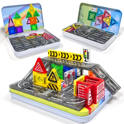 Magnetic Road Construction Blocks Set with Storage Box
