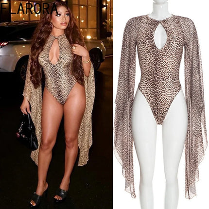 Women's Leopard Print Flared-Sleeve Bodysuit