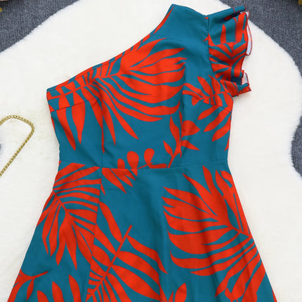 Tropical Print One-Shoulder Maxi Dress