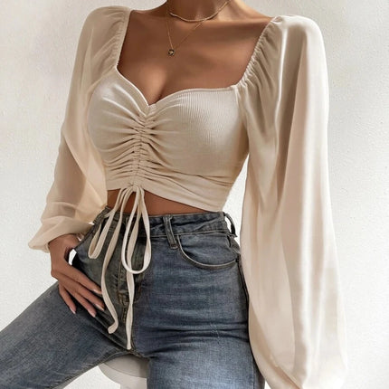 V-Neck Puff-Sleeve Fitted Top