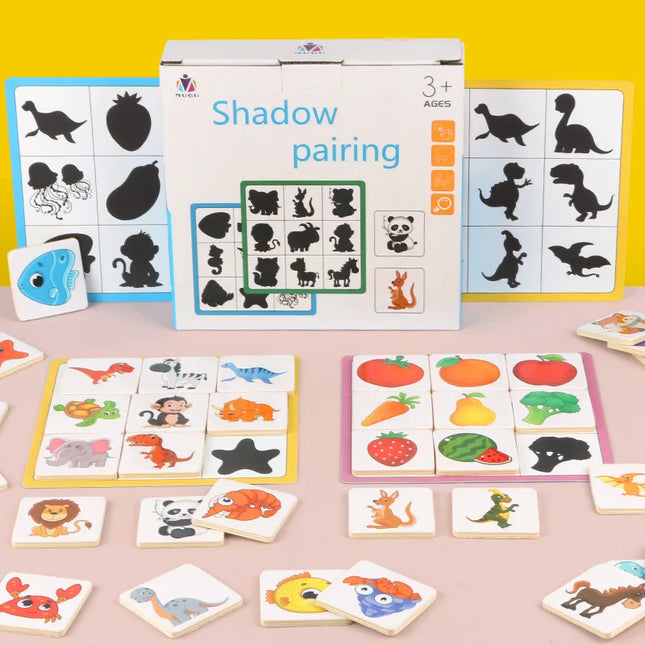 Wooden Shape Matching Puzzle with Animal and Fruit Cards