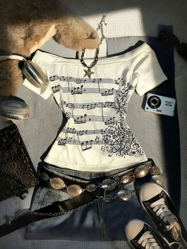 Women's Off-Shoulder Musical Note Top