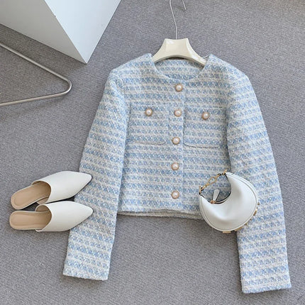 Women's Blue Plaid Tweed Jacket