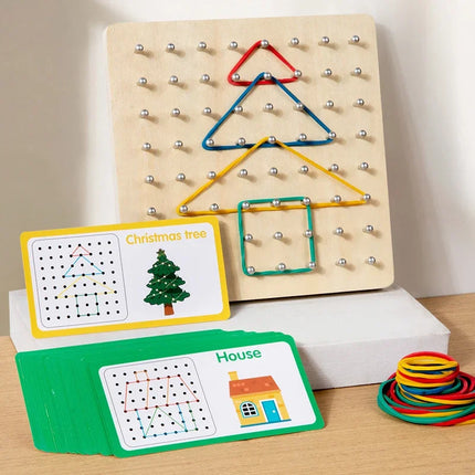 Montessori Rubber Band Pattern Board with Shape Cards for Kids