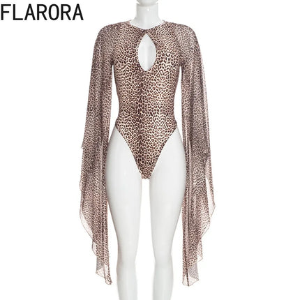 Women's Leopard Print Flared-Sleeve Bodysuit