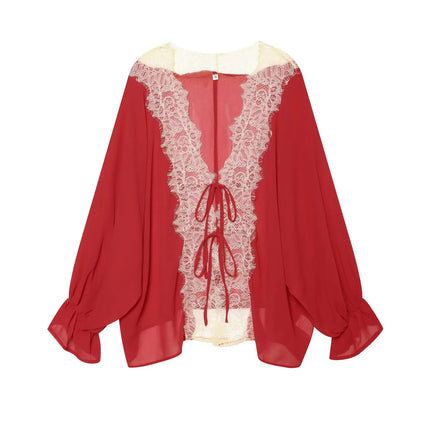 Women's Lace Patchwork Sheer Blouse