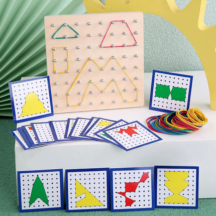Montessori Rubber Band Pattern Board with Shape Cards for Kids