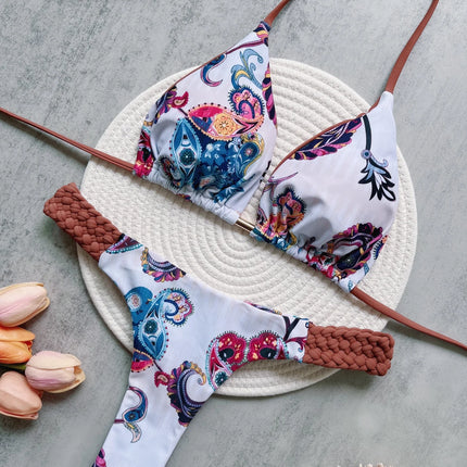 Printed Halter Mini Thong Bikini Set