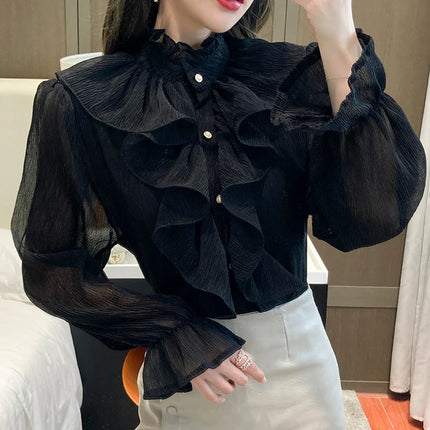 Women's White Ruffle Lace Blouse