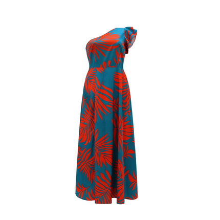 Tropical Print One-Shoulder Maxi Dress