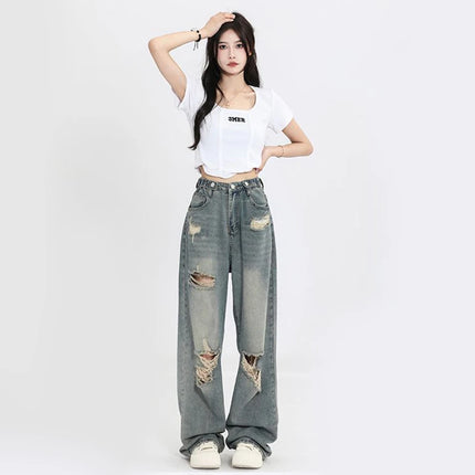 High-Waist Distressed Wide-Leg Jeans