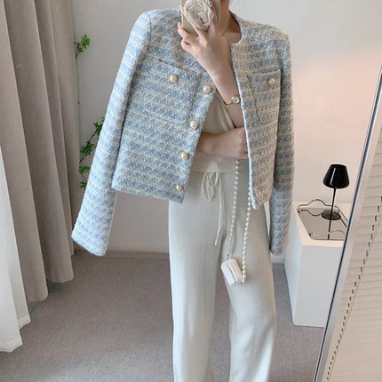 Women's Blue Plaid Tweed Jacket