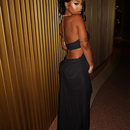 Chain Halter Backless Evening Gown