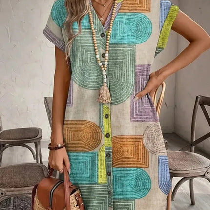 Geometric Print V-Neck Dress