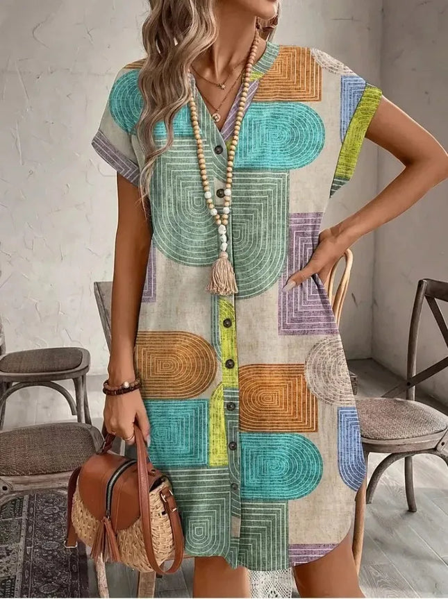 Geometric Print V-Neck Dress