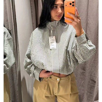 Women's Cropped Plaid Bomber Jacket
