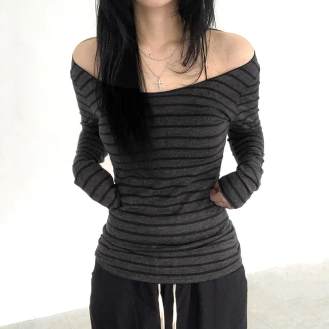 Women's Striped Off-Shoulder Long Sleeve T-Shirt