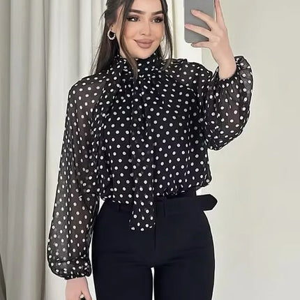 Polka Dot High-Collar Blouse