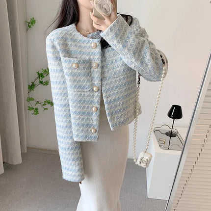 Women's Blue Plaid Tweed Jacket
