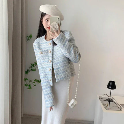 Women's Blue Plaid Tweed Jacket