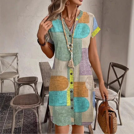 Geometric Print V-Neck Dress