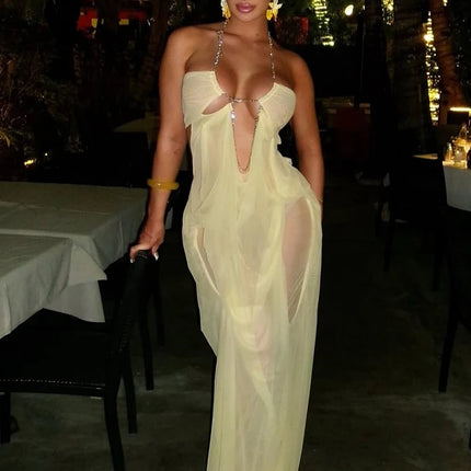 Chain Halter Backless Evening Gown