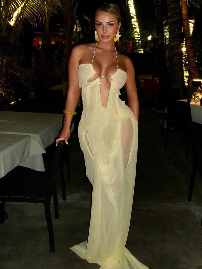 Chain Halter Backless Evening Gown