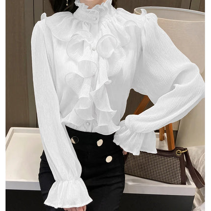 Women's White Ruffle Lace Blouse
