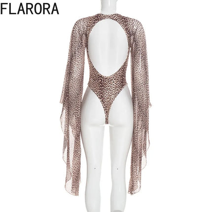 Women's Leopard Print Flared-Sleeve Bodysuit