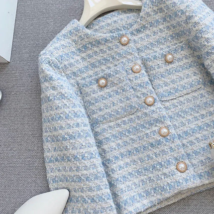 Women's Blue Plaid Tweed Jacket