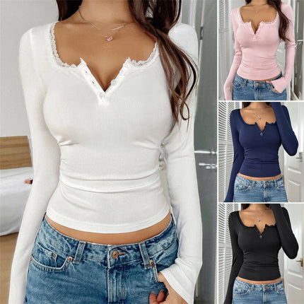 Women's Slim-Fit Lace Button Top