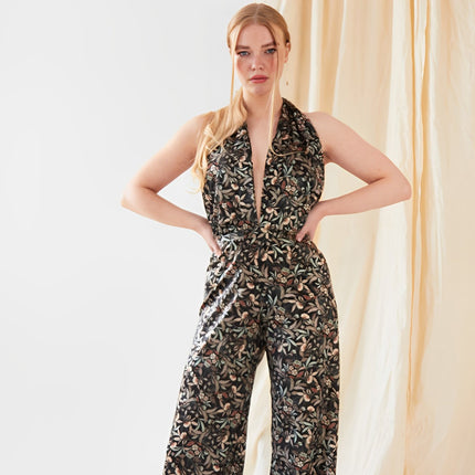 Floral Velvet Backless Jumpsuit
