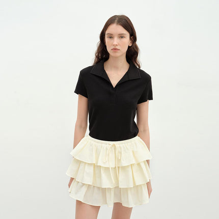 "Dublin" Lapel Straight Shoulder Slim Fit Short Sleeve T-shirt Tops Women