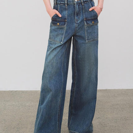 "Silent Deep Sea"Washed Vintage Blue Straight-leg Workwear Jeans for Women, Loose Wide-leg High-waisted Pants