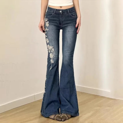 Retro Floral Embroidered Flare Jeans