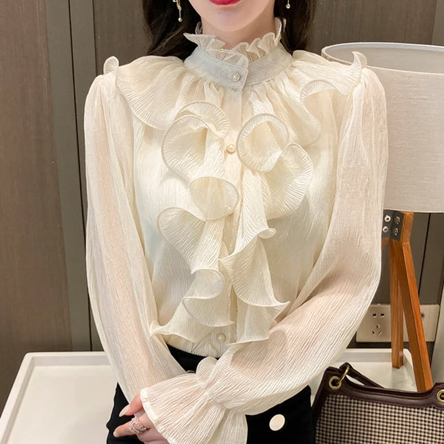 Women's White Ruffle Lace Blouse