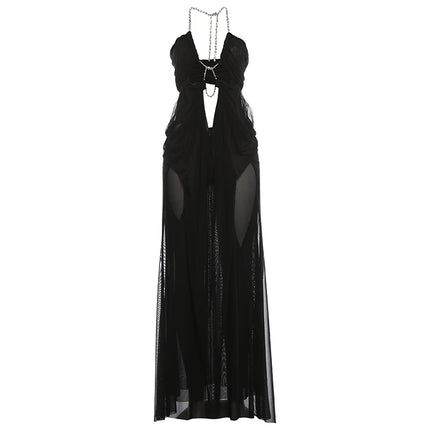 Chain Halter Backless Evening Gown