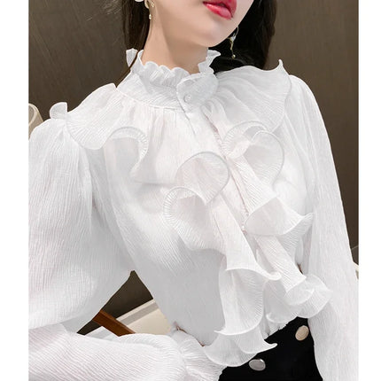 Women's White Ruffle Lace Blouse