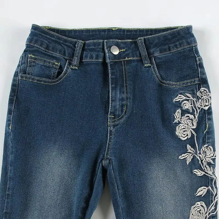 Retro Floral Embroidered Flare Jeans