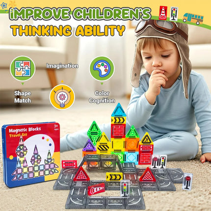 Magnetic Road Construction Blocks Set with Storage Box