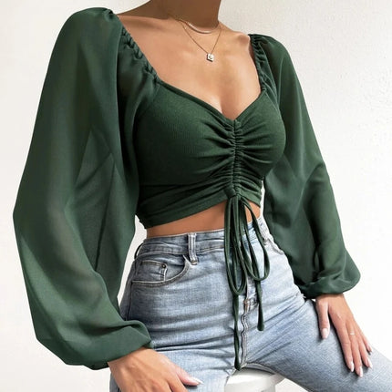 V-Neck Puff-Sleeve Fitted Top